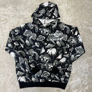 Assholess Live Forever Hoodie Mens Large Black Mushroom All Over Print Graphic